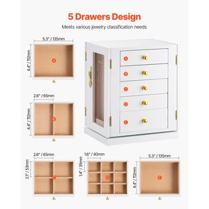 Portagioie Moderno Girevole a 360 Gradi con 5 Cassetti, Finestra in Acrilico, 8 Ganci per Collane, Ampio Spazio in PU per Organizzare i Gioielli - Product Image 2