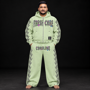 Ensemble de survêtement pour homme avec graphisme personnalisé, en molleton French Terry, à capuche zippée, pantalon large, strass, impression DTF personnalisée, vêtements streetwear - Product Image 3
