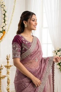Elegant <b>Purple</b> Silk <b>Saree</b> With Embroidered Border For Women Wedding Traditional Indian Pakistani Wear - Product Image 4