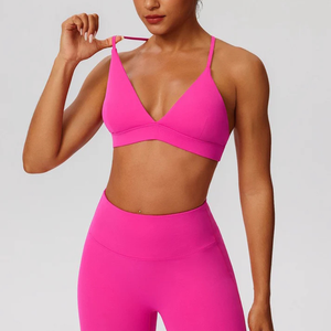 <b>Women</b> Seamless Deep V-Neck Sports Bra Spaghetti Strap Medium Support Yoga Fitness Top Pink - Product Image 2