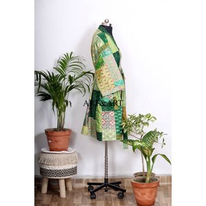 Indian Handmade Bohemian Silk Patchwork Kantha <b>Kimono</b> Robe <b>Women</b> Elegant Summer Beachwear Sleepwear Breathable Belt Tie Front - Product Image 5