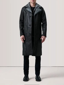 <b>Mens</b> Distressed Black <b>Shearling</b> Leather Coat - Product Image 1