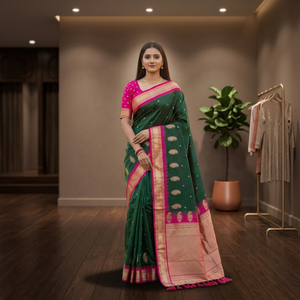 Hermoso sari de seda verde con borde morado y tejido Zari, ropa tradicional de boda para mujeres, estilo India-Pakistán. - Product Image 1