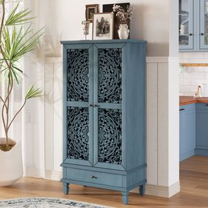Mobiletto Rustico Alto 55 cm con Cassetto, Armadietto Decorativo a 2 Ante in Legno Intagliato, Gambe in Legno Massello per Arredamento Soggiorno - Product Image 6