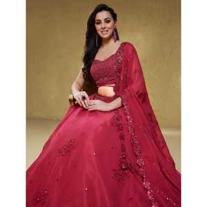 Precioso Lehenga Choli de Georgette Rosa Bordado, Semi-Confeccionado, para Recepciones, por Zeel Clothing - Product Image 4