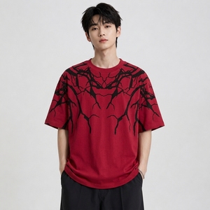 Camiseta de punto personalizada para hombre, 100% algodón, oversize, con hombros caídos, estampado digital, cuello redondo, manga corta, estilo streetwear. - Product Image 1