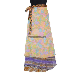 Sari Sarong Largo de Seda de Doble Capa Reversible, Falda Mágica Envolvente de la India, Sari de Seda Mágica Reversible de 2 Capas - Product Image 1
