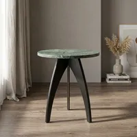 Table basse ronde moderne en marbre vert avec base trépied noire, meuble de salon fait main pour la décoration du salon et de la chambre