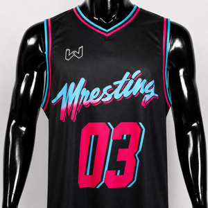 Maillot de basket-ball et de lutte unisexe noir, rose, bleu dégradé, col en V, sans manches, en maille, imprimé par sublimation, coupe classique pour adulte - Product Image 1