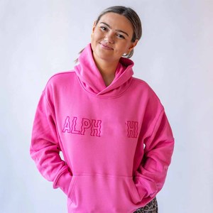 อัลฟ่า |   เสื้อฮู้ดดี้ปักลายกรีกสำหรับผู้หญิง สีชมพู ทรงโอเวอร์ไซส์  โลโก้ด้านหน้า ผ้าฟลีซ ใส่ได้ทั้งชายและหญิง เหมาะสำหรับฤดูใบไม้ร่วง - Product Image 1