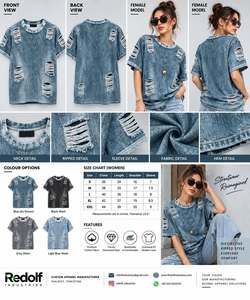 เสื้อยืดเดนิมโอเวอร์ไซส์ แขนสั้น คอกลม สไตล์สตรีท ดีไซน์ขาดๆ สีพื้น ผ้าฝ้ายทอ - Product Image 4