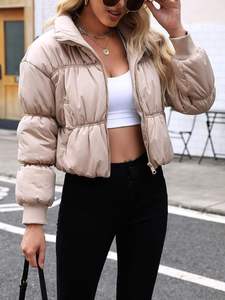 <b>Women's</b> <b>Beige</b> Quilted Puffer <b>Jacket</b> With Stand Collar Full Sleeve Zipper Closure Thick Winter Coat Short Length Solid Color - Product Image 4