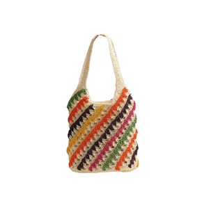Ilumina tus días soleados con este vibrante bolso de hilo natural con coloridas rayas diagonales de crochet y asas cómodas. - Product Image 1