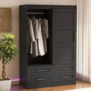 Armadio Alto per Camera da Letto con Asta Appendiabiti, Ante Scorrevoli, Cassetti e Ripiani Aperti per Organizzazione e Conservazione Vestiti - Product Image 1