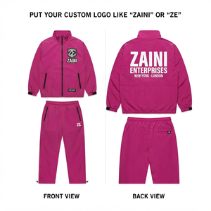Mens Windbreaker Suit 120 GSM Premium Polyester Memory Fabric Pink Custom Embroidery Screen Print Heat Transfer Logo Tracksuit - Product Image 1