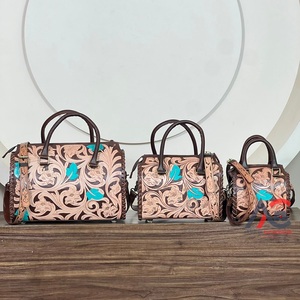 New Fashionable Hand <b>Tooled</b> Floral Brown <b>Leather</b> Large Duffel Bags Turquoise Leaf Designer Travel Luggage Crossbody Handbags - Product Image 1