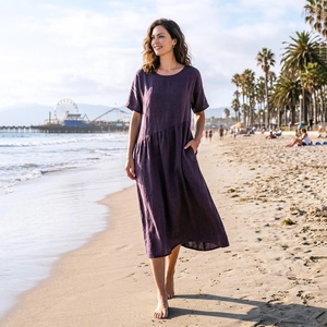 <b>Top</b> Trendy Plain Dyed Handmade Breathable 100% Cotton Vintage Bow Midi Bell Sleeve Relaxed Fit Summer Side Pockets Plus Size - Product Image 1
