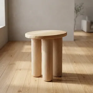 Modern Scandinavian Wood <b>Side</b> <b>Table</b> with <b>Round</b> Top and Textured Legs Living Room Furniture - Product Image 3