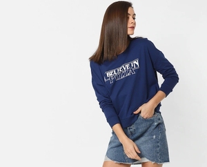 Sweat-shirt à col rond bleu marine pour femme, manches longues, imprimé lettres, haut décontracté, respirant, en coton tricoté, pour l'automne - Product Image 1