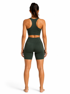 Ensemble de yoga 2 pièces gris foncé : Crop top dos nageur à col ras du cou et short cycliste taille haute, sans couture, séchage rapide, respirant, pour le sport - Product Image 4