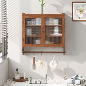 24.8\" Vintage Glass Door Double Door <b>Wall</b> Cabinet with Three Tiers of <b>Storage</b> Towel Rack for Bathroom Kitchen Dining Room - Product Image 3