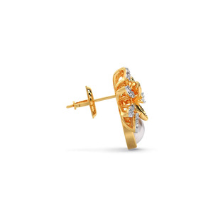 Boucles d'oreilles clous en diamant sculptées à motif floral avec feuille scintillante et grand accent en pierre blanche - Product Image 3