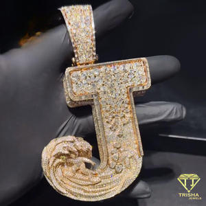 Iced Moissanite J <b>Initial</b> Pendant Necklace With Cuban Link <b>Chain</b>, Custom Letter Nameplate Jewelry, Hip Hop Fashion - Product Image 2