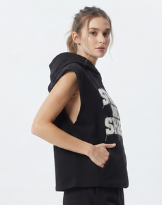 Oversized Sleeveless Hoodie Women Gym Hooded Tank <b>Top</b> <b>Distressed</b> Embroidery Sleeveless Hoodies Women Eco-Friendly Hooded Singlet - Product Image 3