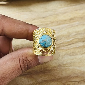 High Demand Turquoise Brass <b>Ring</b> 18K <b>Gold</b> Plated Filigree Texture <b>Ring</b> <b>Cocktail</b> Boho Floral Wholesale <b>Ring</b> For Women Chunky <b>Ring</b> - Product Image 2