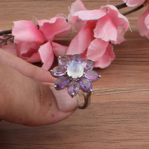 Bague en argent sterling 925 avec améthyste naturelle et pierre de lune arc-en-ciel, bijoux en pierres précieuses mixtes, certifiée, classique, pour femmes - Product Image 3