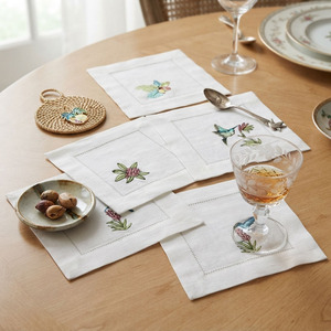 Servilletas de cóctel con diseños de flores y pájaros bordados, servilleta de bebida de Hemstitch de lino blanco de 6x6 'para bodas, hogar, Hotel - Product Image 4