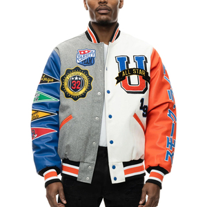 Chaqueta Varsity para Hombre, Gris y Blanca, con Mangas de Cuero PU, Parches Bordados, Estilo Preppy, Cuello Camisero, Corte Regular, Otoño - Product Image 3