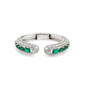 Princess cut crystal cuff Rhodium plated minimalist 925 silver unisex <b>bracelet</b> Fine chain & link design - Product Image 2