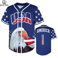 Camiseta de Béisbol Personalizada con Bordado Premium, Diseño de Estrellas y Águila, Uniforme Patriótico de Equipo con Botones Completos, Corta para Verano