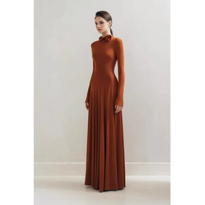 Vestido Maxi Naranja con Cuello de Lazo, Manga Larga, Plisado, Elegante y Casual para Fiesta o Boda - Product Image 2