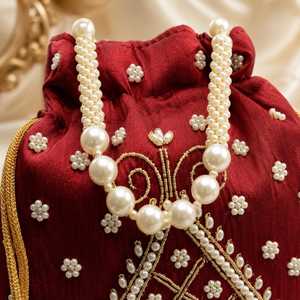 Handmade Red Silk Potli <b>Bag</b> With Pearl Embroidery Round Shape Drawstring Purse <b>For</b> Wedding Party Festive Wear <b>Needle</b> Work - Product Image 5