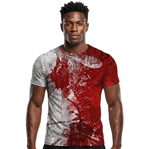 T-shirt à manches courtes col rond pour homme, motif peint à la main rouge et gris, impression par sublimation, vêtement décontracté, coupe classique, tricoté en polyester - Product Image 2