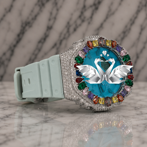 Luxury Fashion Classic Ice Blue Dial Analog Watch Rainbow Crystal Bezel Full Pave Moissanite Design Rubber Band - Product Image 2