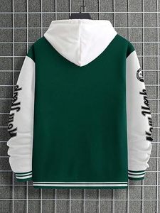 Men's Green White Varsity Jacket Letter Embroidery Preppy Streetwear Turn-down Collar Regular Sleeve Woolen Fabric Spring Wear - Product Image 4
