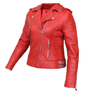 Chaqueta de motociclista de cuero genuino de oveja roja para mujer, con cremallera, cuello vuelto, estilo moderno. - Product Image 5