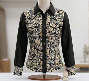 Women's Floral Print Western Shirt With <b>Black</b> <b>Mesh</b> <b>Sleeves</b> Button Front Equestrian Show <b>Top</b> - Product Image 3