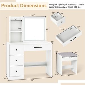 White <b>Vanity</b> Desk Stool Set 3-Mode LED Light Strip Anti-Topping Dressing Table with Ample Storage for <b>Makeup</b> <b>Vanities</b> - Product Image 4
