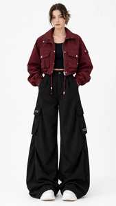 <b>Women</b> <b>Black</b> Flat Front Spring Wide Leg Cargo <b>Pants</b> High Waist Loose Streetwear Trousers with Pockets - Product Image 6