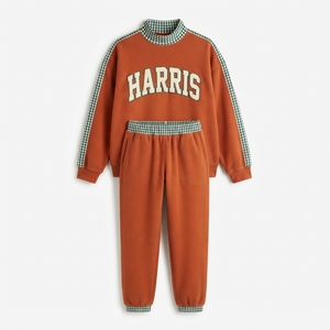 Ensemble 2 pièces en polaire pour femme Harris, col montant, manches longues, coupe ample, tenue décontractée, bordure à carreaux, imprimé lettres, orange - Product Image 1