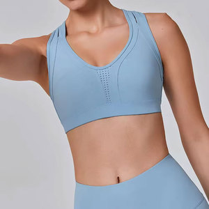 Ropa Deportiva para Mujer, Sujetador Deportivo Azul Claro con Espalda Cruzada, Cuello Redondo, Sin Costuras, Transpirable, para Yoga y Fitness, Soporte Medio, Color Sólido - Product Image 4