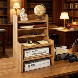 Organizzatore da Scrivania Naturale a 6 Livelli, Ripiani Regolabili e Rimovibili, Scaffale in Legno con Protezioni Anti-Caduta, Rettangolare - Product Image 5