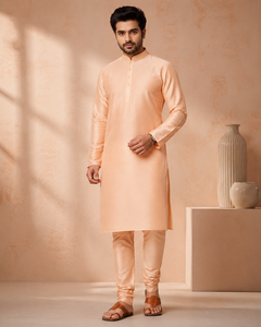 Conjunto de Kurta y Pijama de Seda Suave Color Durazno para Hombre, Estilo Étnico Coral, Tradicional, Festivo, Indio, Traje de Diseñador - Product Image 1