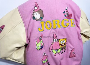 Custom Patrick Star Cartoon <b>Patches</b> on Varsity <b>Jacket</b> with Leather Sleeves - Product Image 3