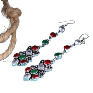 Pendientes de latón con circonitas multicolor en forma de campana |   Joyería Étnica Plateada en Plata Antigua para Mujer, Venta al Por Mayor - Product Image 3