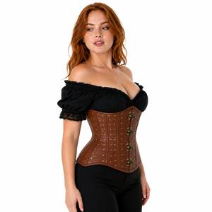 Brown Leather Underbust 24 Spiral Steel Boned COSH Designed Corset With Front Steel Clasps - Product Image 3